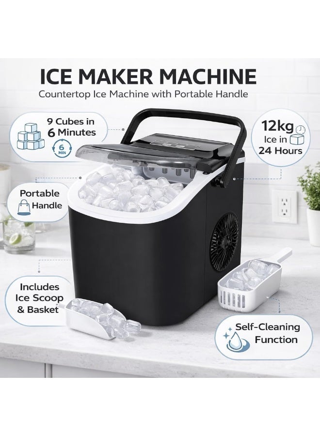 FDTY Countertop Ice Maker Machine – 12kg/24H Quick Ice Maker, 9 Cubes in 6 Min, Self-Cleaning, Portable with Handle, Ice Scoop & Basket, Small & Large Cubes, Home/Kitchen/Office/Bar (BLACK) - Image 2