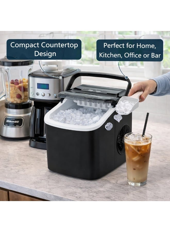 FDTY Countertop Ice Maker Machine – 12kg/24H Quick Ice Maker, 9 Cubes in 6 Min, Self-Cleaning, Portable with Handle, Ice Scoop & Basket, Small & Large Cubes, Home/Kitchen/Office/Bar (BLACK) - Image 3