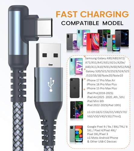 sweguard USB Type C Fast Charging Cable Right Angle 2Pack 66FT Compatible with iPhone 17 16 15 Pro MaxSamsung Galaxy S26 S25 S24 S23 S22 S21 S20 A53 Note Flip Pixel LG Moto More USB C Device - Image 3