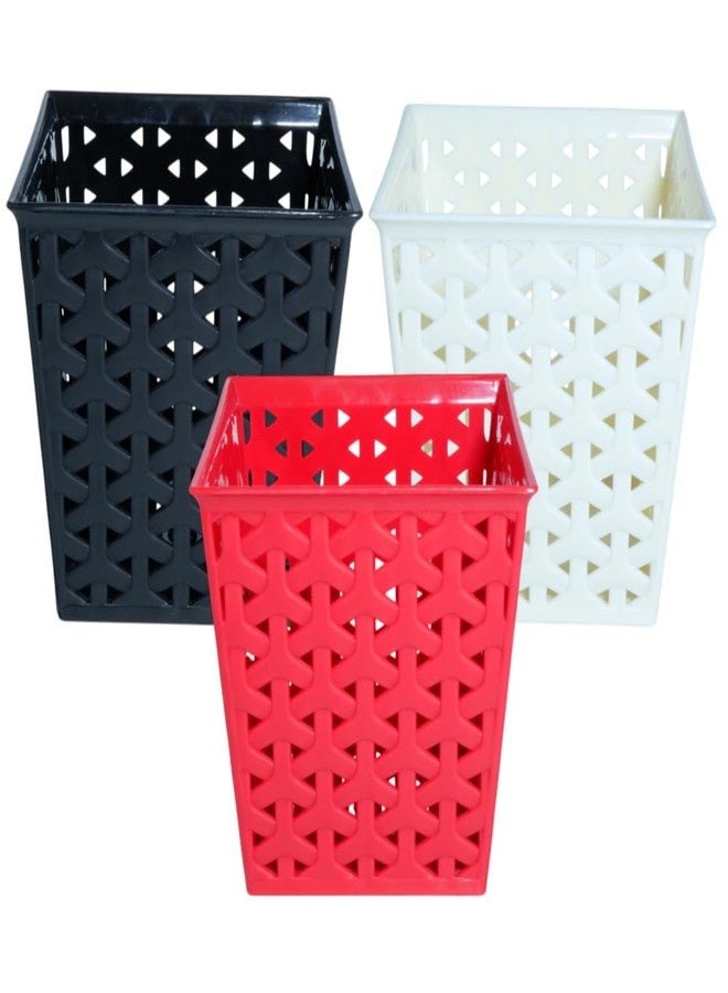 MORVI Linea Square Plastic Multipurpose Organizer For Kitchen, Bathroom, Salon, Office|Stationery,Cutlery,Pen,Makeup Brushes Holder|Hanging Toothbrush Stand |Pack Of 3 | BLACK RED WHITE - Image 1
