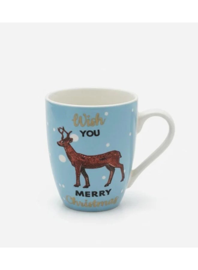 أي كي دي سي كوب سيراميك أزرق وأبيض من AKDC سعة 400 مل بتصميم غزال "أتمنى لك عيد ميلاد سعيدًا" - أدوات شرب أنيقة للعطلات - Image 1