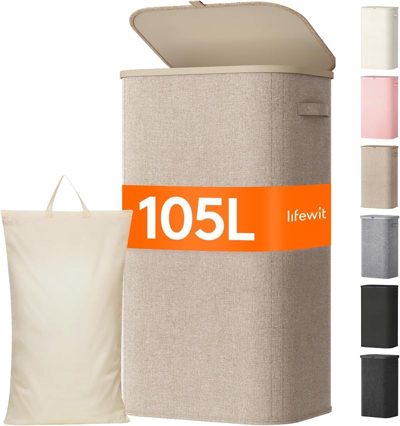 Lifewit Laundry Basket with Lid, Laundry Hamper with Plastic Handles and Removable Bag, Tall Foldable Dirty Clothes Hampers for Laundry Room, Bedroom, Bathroom, Dorm, 105L, Beige - Image 1