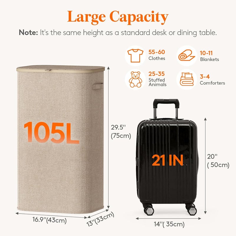 Lifewit Laundry Basket with Lid, Laundry Hamper with Plastic Handles and Removable Bag, Tall Foldable Dirty Clothes Hampers for Laundry Room, Bedroom, Bathroom, Dorm, 105L, Beige - Image 3