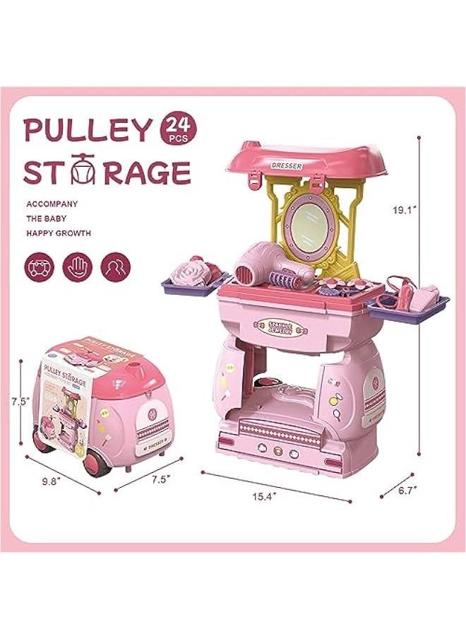 HOOKOR 2 in 1 Simulation Kitchen Tableware Toy,Pulley Car play Cart Kit for Kids 3 4 5, Cooking Play Table Set Realistic Toddlers Toys for Boys Girls 2-5 (Jewellery Play)  - Image 4
