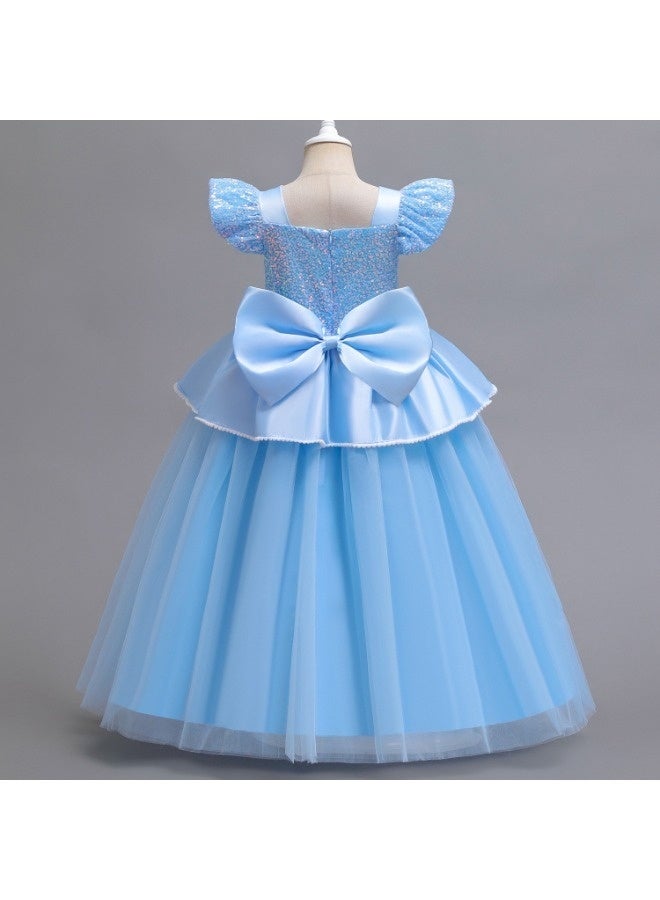 فستان أميرة للبنات من عمر 4 إلى 7 سنوات - فستان أزرق طويل مزين بالترتر والشبك مع تاج، عصا، قفازات، عقد، أقراط، خاتم، ضفيرة - زي تنكري للعب الأدوار والهدايا