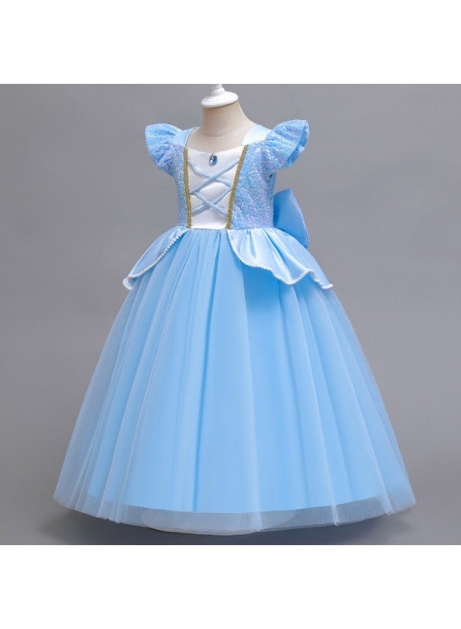 فستان أميرة للبنات من عمر 4 إلى 7 سنوات - فستان أزرق طويل مزين بالترتر والشبك مع تاج، عصا، قفازات، عقد، أقراط، خاتم، ضفيرة - زي تنكري للعب الأدوار والهدايا