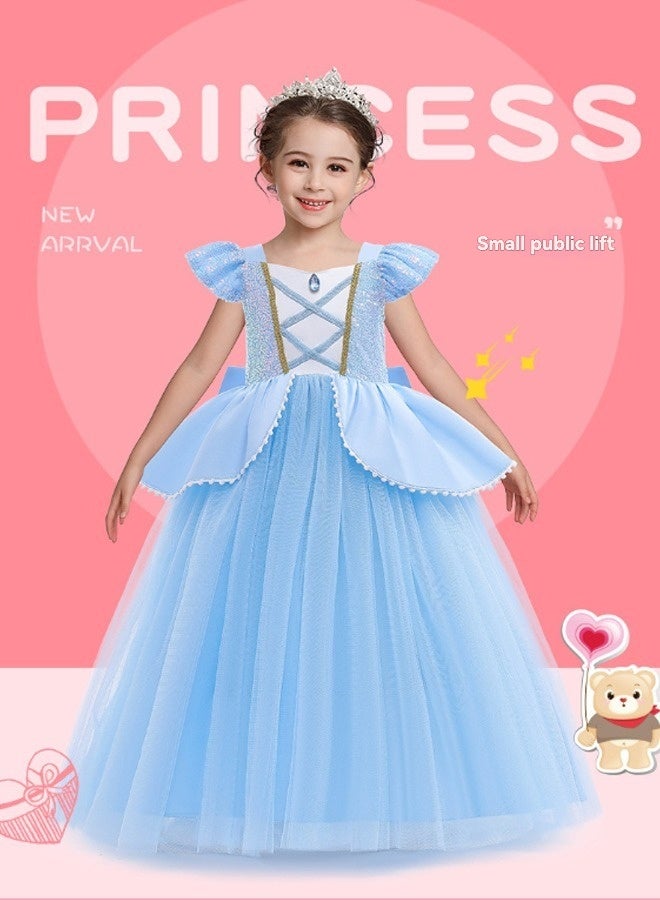 فستان أميرة للبنات من عمر 4 إلى 7 سنوات - فستان أزرق طويل مزين بالترتر والشبك مع تاج، عصا، قفازات، عقد، أقراط، خاتم، ضفيرة - زي تنكري للعب الأدوار والهدايا
