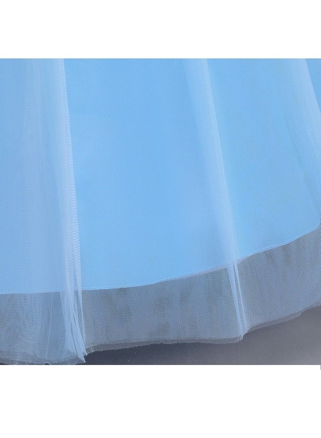 فستان أميرة للبنات من عمر 4 إلى 7 سنوات - فستان أزرق طويل مزين بالترتر والشبك مع تاج، عصا، قفازات، عقد، أقراط، خاتم، ضفيرة - زي تنكري للعب الأدوار والهدايا