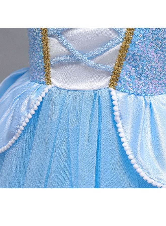 فستان أميرة للبنات من عمر 4 إلى 7 سنوات - فستان أزرق طويل مزين بالترتر والشبك مع تاج، عصا، قفازات، عقد، أقراط، خاتم، ضفيرة - زي تنكري للعب الأدوار والهدايا