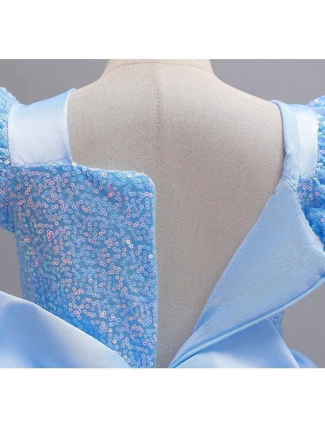 فستان أميرة للبنات من عمر 4 إلى 7 سنوات - فستان أزرق طويل مزين بالترتر والشبك مع تاج، عصا، قفازات، عقد، أقراط، خاتم، ضفيرة - زي تنكري للعب الأدوار والهدايا