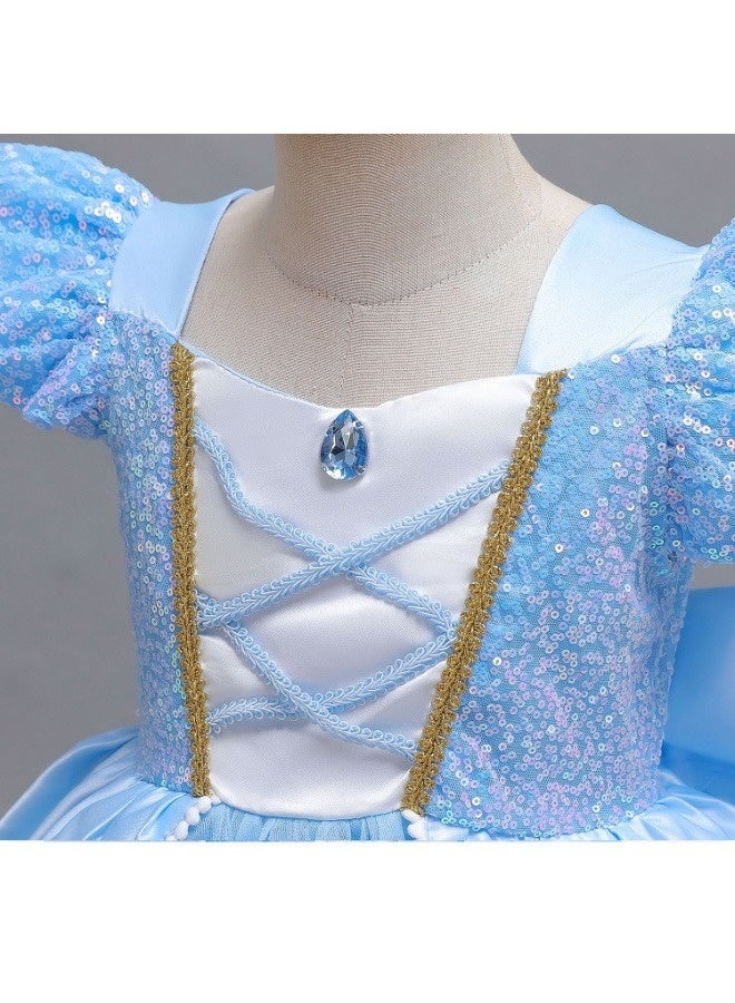 فستان أميرة للبنات من عمر 4 إلى 7 سنوات - فستان أزرق طويل مزين بالترتر والشبك مع تاج، عصا، قفازات، عقد، أقراط، خاتم، ضفيرة - زي تنكري للعب الأدوار والهدايا