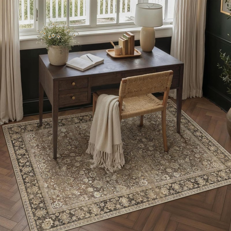 HUGEAR 4x6 Machine Washable Rugs Brown Hallway Area Rug Indoor Accent Rug Floral Low Pile Carpet Soft Throw Rug Bedroom Living Room Office Dining Room Kitchen Laundry Room Non Slip - Image 1