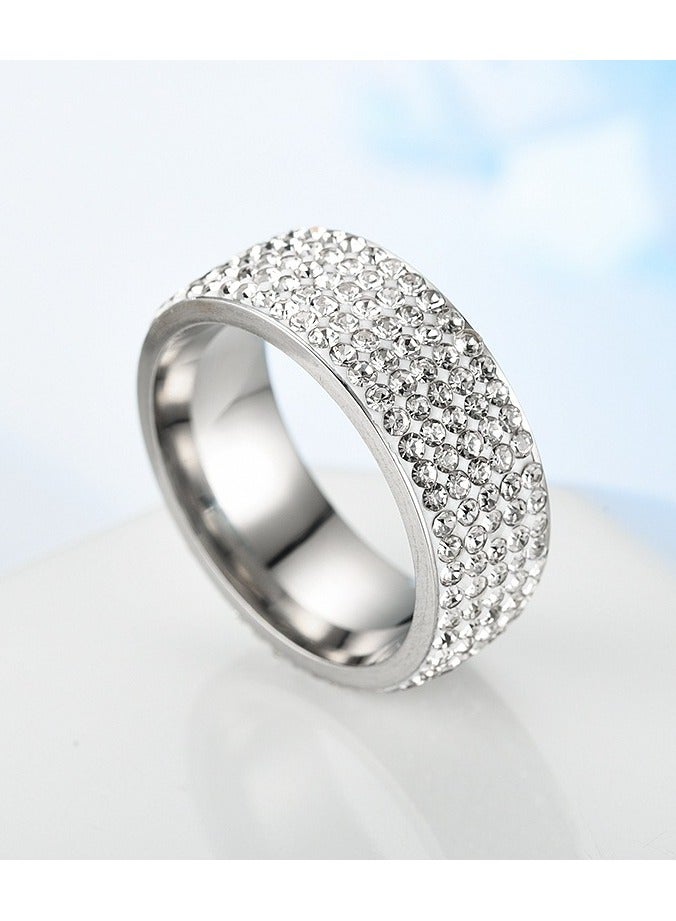 ROMAD Silver 8MM Titanium Steel Five-Row Diamond Ring – AAA Clear Diamonds, Handcrafted, Polished, Hypoallergenic, Scratch-Resistant, Men’s Fashion Wedding Band, EU Size 60 - Image 2