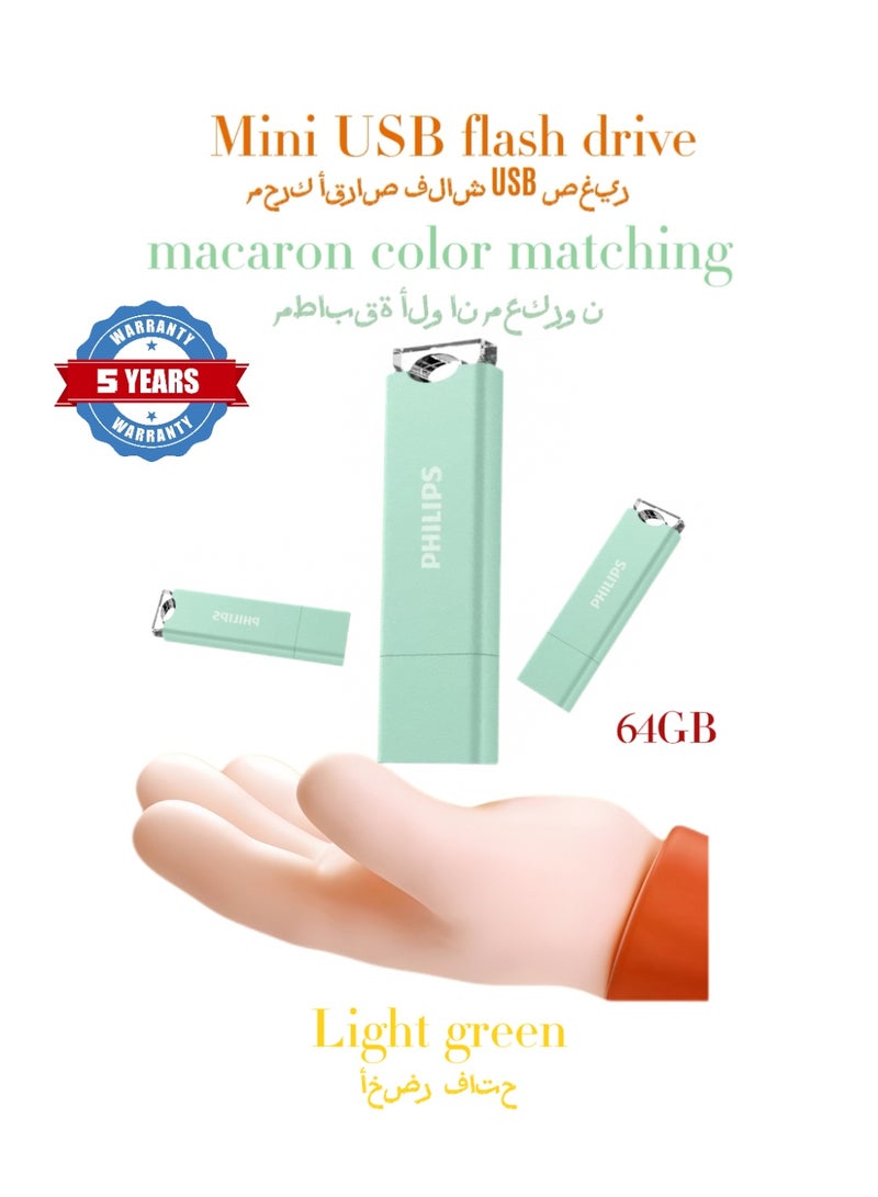 Philips Cute Mini Metal Flash Drive 64GB - USB 3.2 High-Speed, Waterproof, Portable for Students/Office/Car - Light Green (Gift-Ready) 64 GB - Image 1