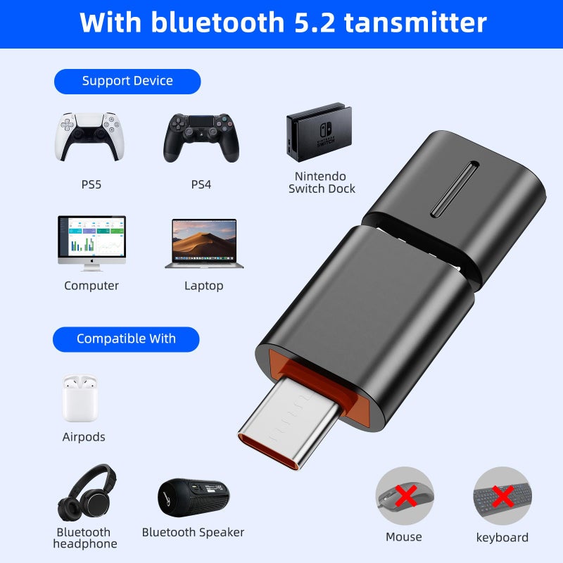 Smof USB Bluetooth Audio Adapter with USB C Conversion Adapter for PS5, PS4,Switch,Mac. Compatible Bone Conduction Headsets Wireless Audio Dongle with aptX Low Latency Support - Image 3