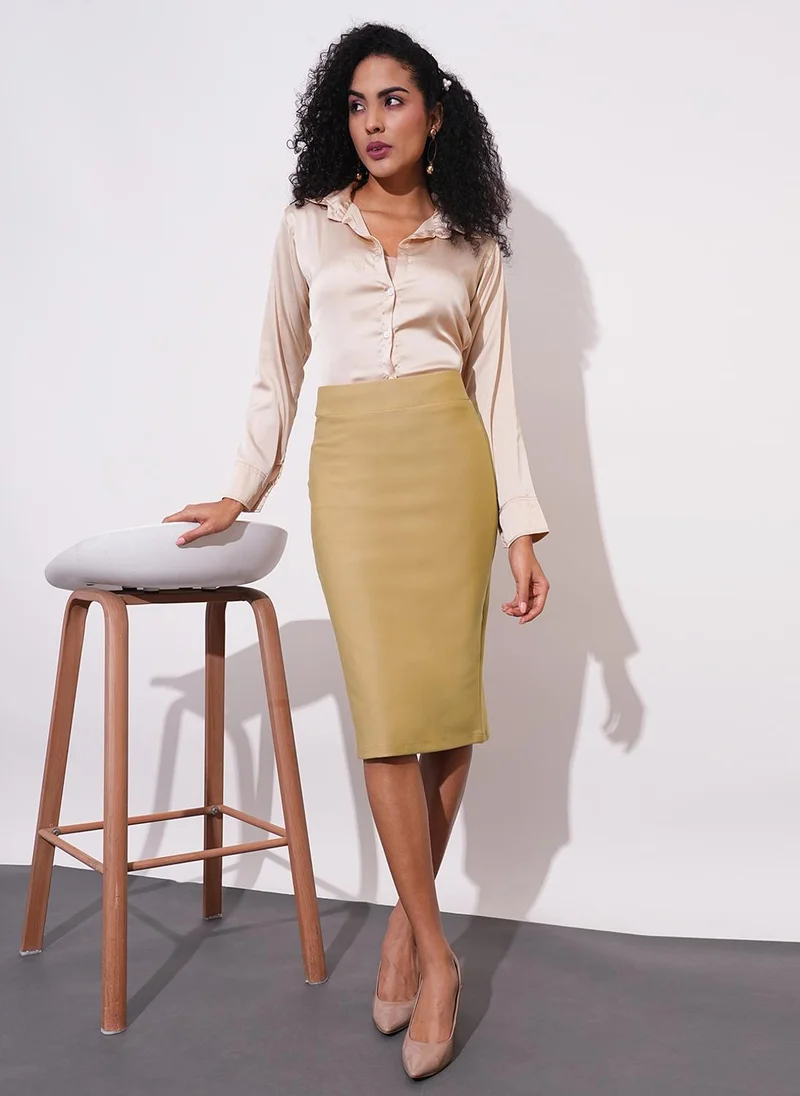 globus Globus Women Stretchable High-Rise Back Slit Midi Workwear Pencil Skirt