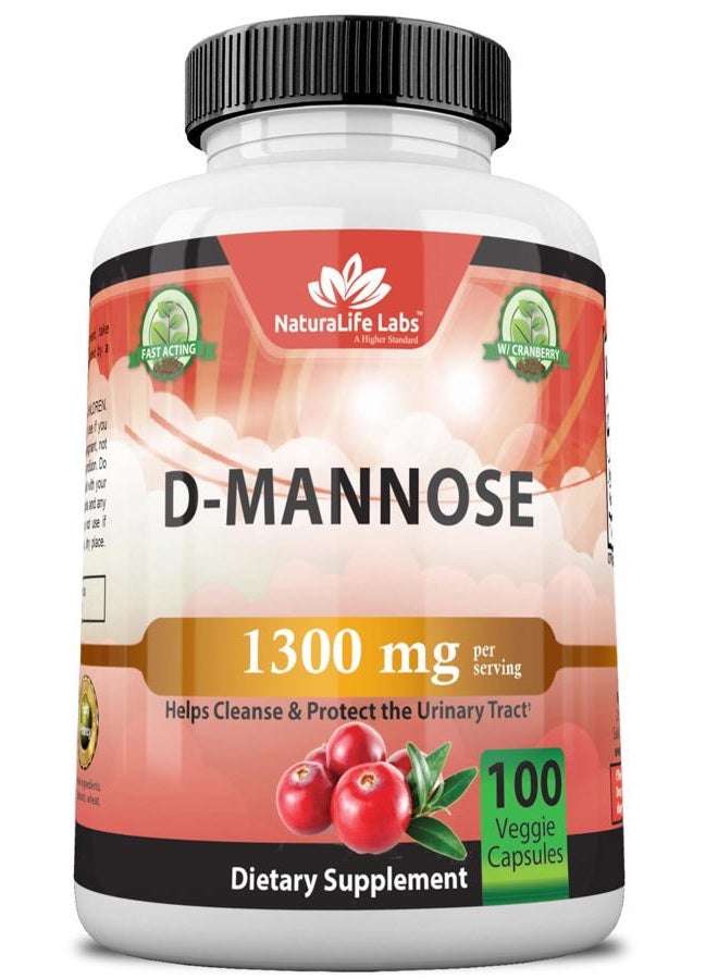 NaturaLife Labs A Higher Standard Organic D-Mannose 1,300 mg with Cranberry Extract Fast-Acting, Flush Impurities, Urinary Tract Health- 100 Veggie Capsules - Image 1