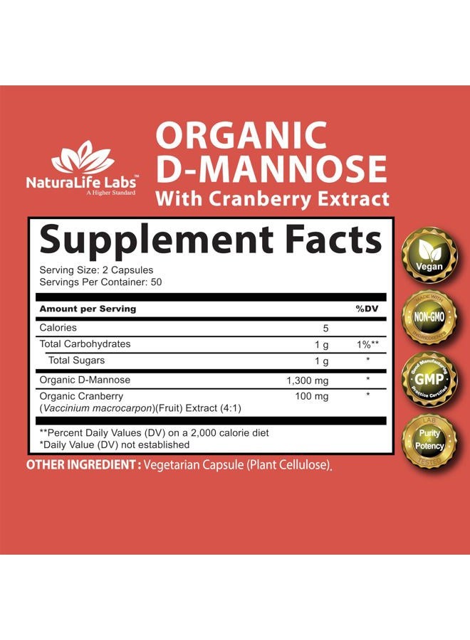 NaturaLife Labs A Higher Standard Organic D-Mannose 1,300 mg with Cranberry Extract Fast-Acting, Flush Impurities, Urinary Tract Health- 100 Veggie Capsules - Image 2