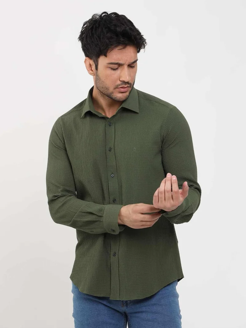 دوفي Khaki Men's Slim Fit Seersucker Patterned Brent Collar Long Sleeve Shirt - 104800