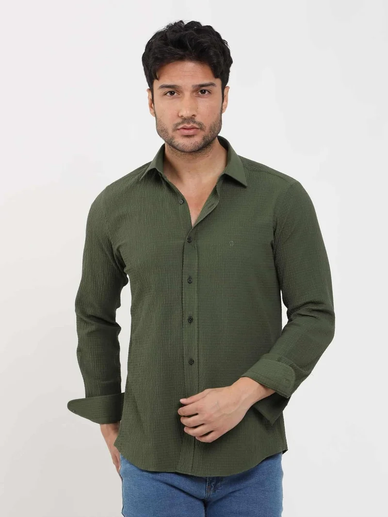 دوفي Khaki Men's Slim Fit Seersucker Patterned Brent Collar Long Sleeve Shirt - 104800