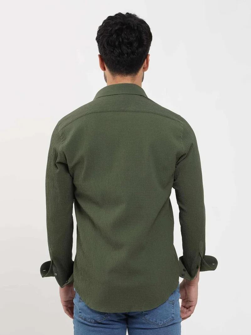 دوفي Khaki Men's Slim Fit Seersucker Patterned Brent Collar Long Sleeve Shirt - 104800