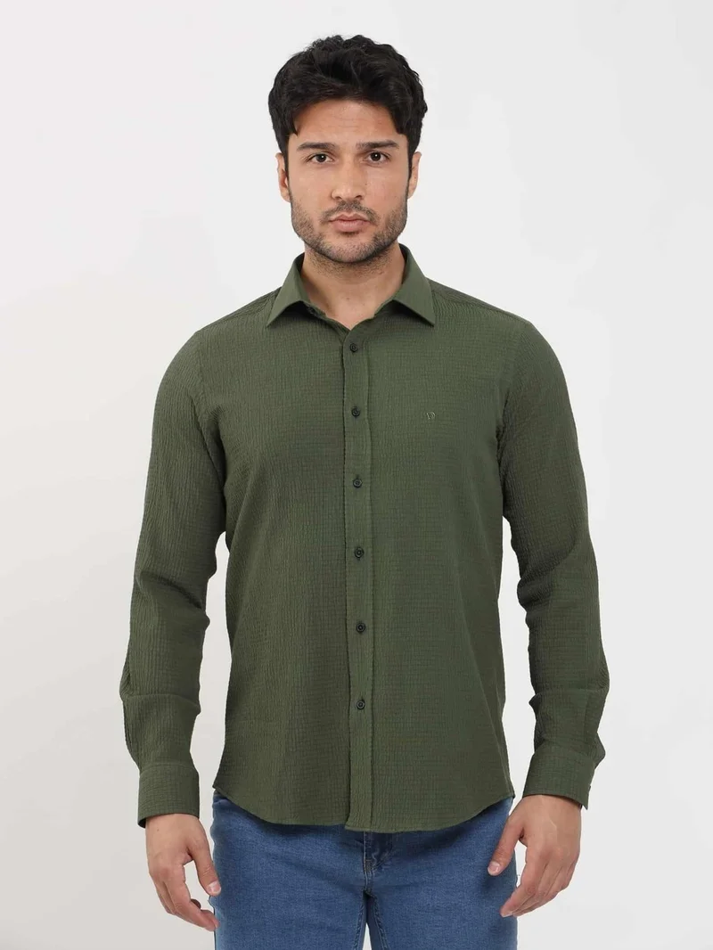 دوفي Khaki Men's Slim Fit Seersucker Patterned Brent Collar Long Sleeve Shirt - 104800