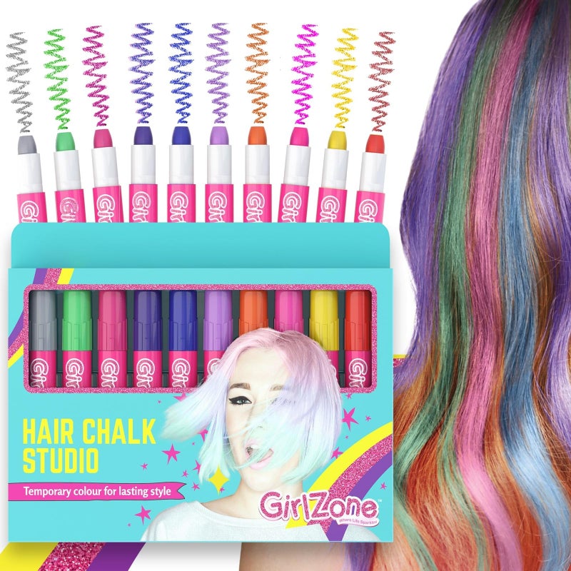 GirlZone Hair Chalks Set 10Piece Temporary Hair Chalk For Kids Easy to Apply and Remove Temporary Hair Color for Kids Dress Up Parties Role Play GiftReady Vibrant Girls Hair Chalk Set