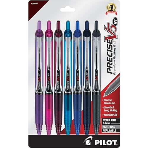Pilot Precise V5 RT Refillable & Retractable Rolling Ball Pens, Extra Fine Point Pens, 0.5 mm, Assorted, Pack of 7 - Ideal for School, Journaling & Office Writing - Image 1