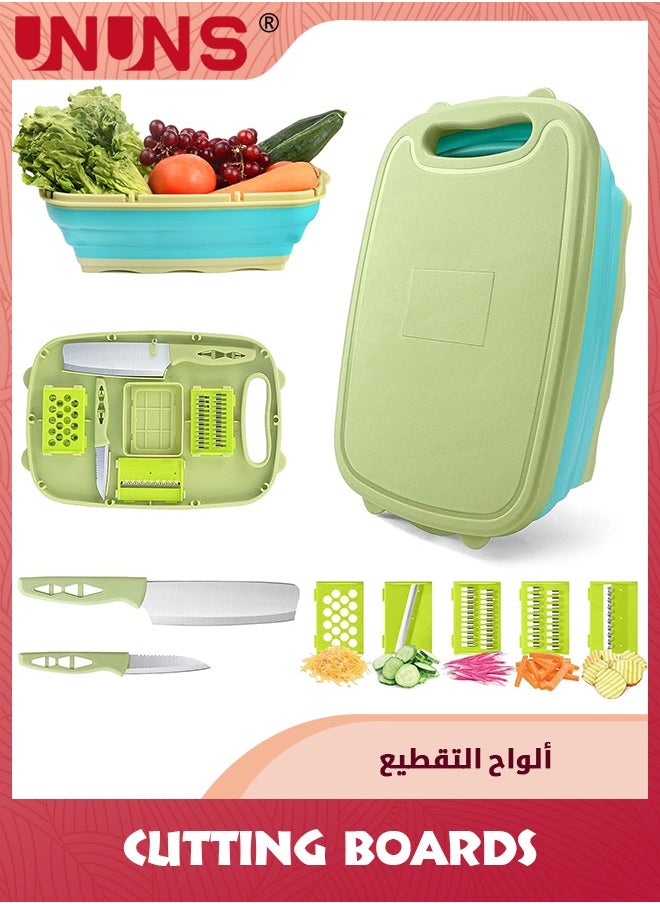 UNUNS Foldable Cutting Board,Camping Collapsible Chopping Board With Colander,9-In-1 Multi Chopping Board Kitchen Vegetable Washing Basket For Camping,Camping Gifts Camping Accessories For RV Campers,Green  - Image 1