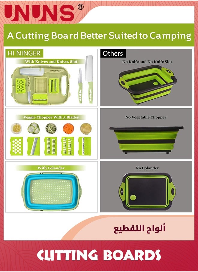 UNUNS Foldable Cutting Board,Camping Collapsible Chopping Board With Colander,9-In-1 Multi Chopping Board Kitchen Vegetable Washing Basket For Camping,Camping Gifts Camping Accessories For RV Campers,Green  - Image 2