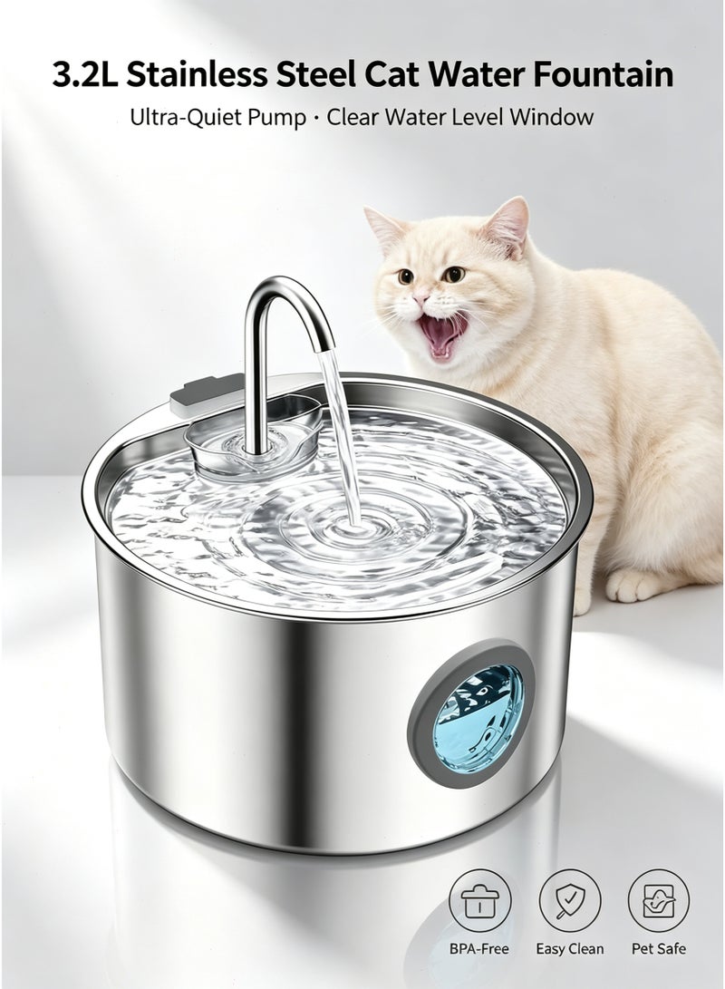 Yoawllty Cat Water Fountain Stainless Steel - 3.2L/108oz Pet Water Dispenser with Filter, Durable Metal Basin for Cat Water Drinking, Quiet Flow Design to Encourage Hydration - Image 1