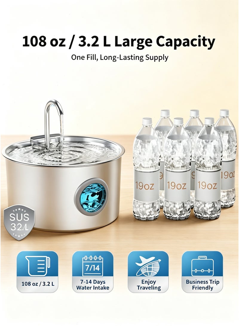 Yoawllty Cat Water Fountain Stainless Steel - 3.2L/108oz Pet Water Dispenser with Filter, Durable Metal Basin for Cat Water Drinking, Quiet Flow Design to Encourage Hydration - Image 3
