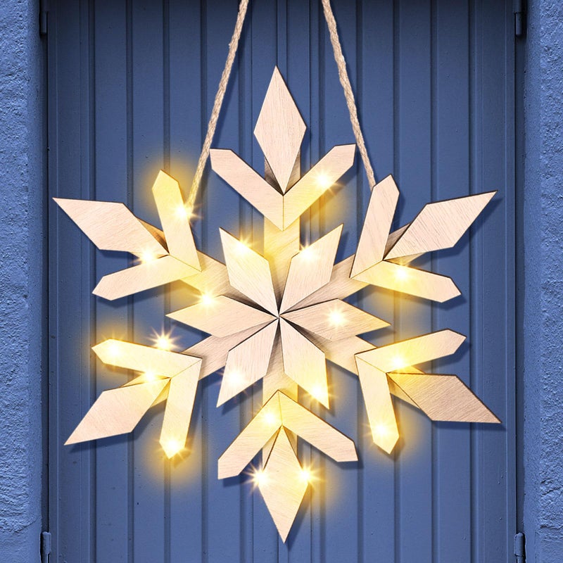 Glooglitter Snowflake Wooden Door Sign with LED Light Winter Lighted Snowflake Wreath for Front Door Wall Porch Light up Flake Hanger for Winter Xmas Indoor Outdoor Window Decoration Classic - Image 2