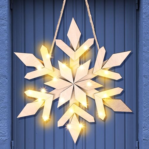 Glooglitter Snowflake Wooden Door Sign with LED Light Winter Lighted Snowflake Wreath for Front Door Wall Porch Light up Flake Hanger for Winter Xmas Indoor Outdoor Window Decoration Classic - Image 1