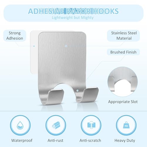 VIS'V Shower Wall Razor Holder, Metal Adhesive Razor Hooks for His and Hers, Waterproof, Silver, 2 Pcs - Image 4