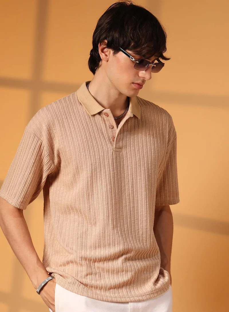 Men's Buff Beige Striped Oversized Polo T-Shirt
