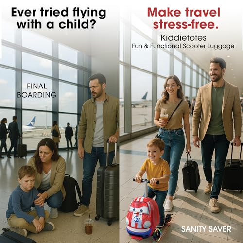 Kiddietotes 3-D Hardside Scooter Ride On Suitcase for Kids - Cute Lightweight Kids Luggage with Wheels - Fun LED Lights - Image 3