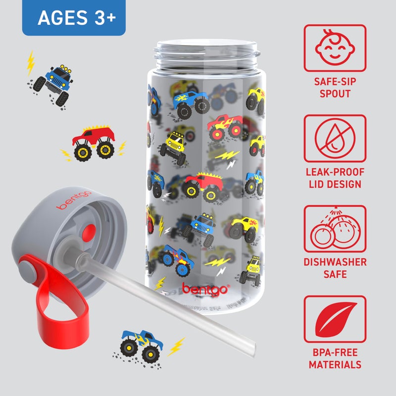 Bentgo زجاجة ماء بنتغو للأطفال - مقاومة للتسرب، مصنوعة من تريتان المتين، خالية من BPA سعة 15 أونصة للأطفال/الرضع من عمر 3 سنوات فما فوق، فوهة شرب آمنة، مقبض للحمل، وآمنة للغسل في غسالة الصحون للمدرسة، الرياضة، الحضانة والتخييم (شاحنات) - Image 3