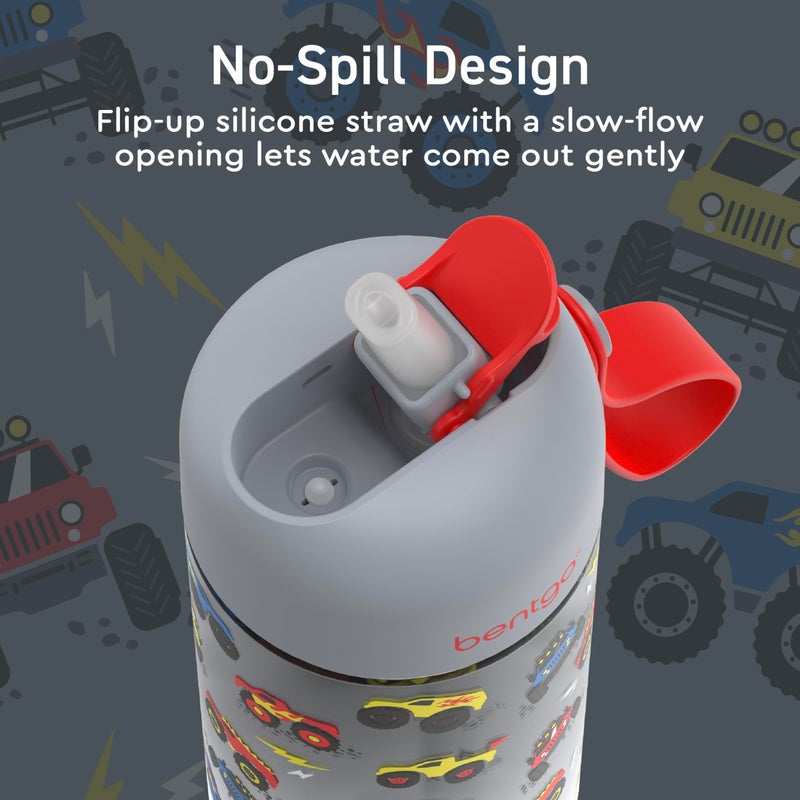 Bentgo زجاجة ماء بنتغو للأطفال - مقاومة للتسرب، مصنوعة من تريتان المتين، خالية من BPA سعة 15 أونصة للأطفال/الرضع من عمر 3 سنوات فما فوق، فوهة شرب آمنة، مقبض للحمل، وآمنة للغسل في غسالة الصحون للمدرسة، الرياضة، الحضانة والتخييم (شاحنات) - Image 4