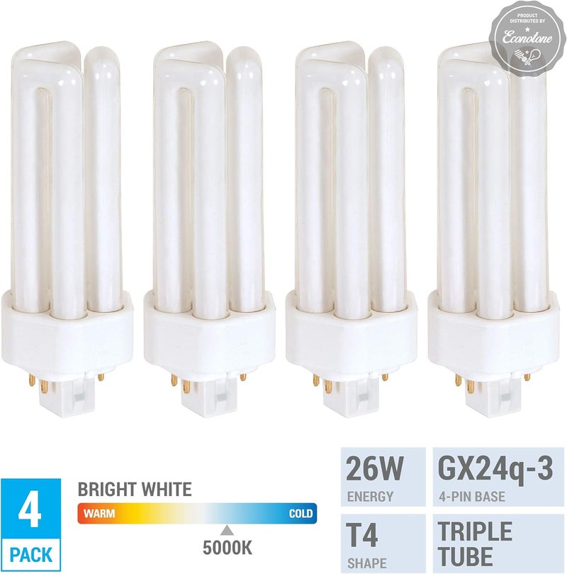 KOR Pack of 4 PL26W3U4P5000K  26 Watt Triple Tube  GX24Q3 4 Pin Base  5000K Bright White  Compact Fluorescent Light Bulb - Image 2