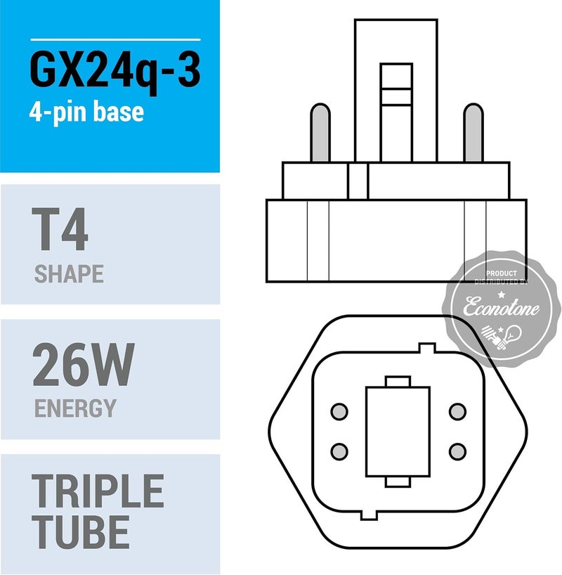 KOR Pack of 4 PL26W3U4P5000K  26 Watt Triple Tube  GX24Q3 4 Pin Base  5000K Bright White  Compact Fluorescent Light Bulb - Image 3