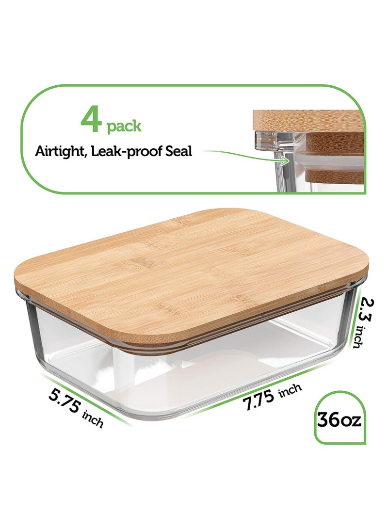 Mash Greener Home Glass Food Storage Containers with Bamboo Lids (4 Pack, 36 Ounce) Eco Friendly Meal Prep Containers Airtight – Plastic Free, BPA Free - Image 2