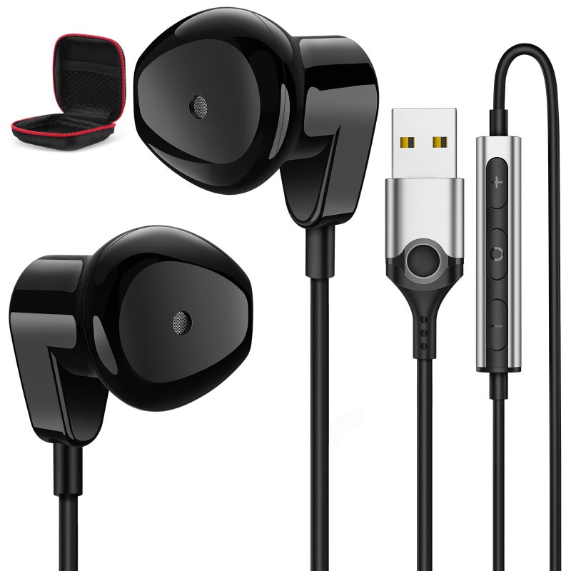 APETOO USB Headphones with Microphone for Laptop, 2.3M USB-A Earbuds for PS5,HiFi Stereo Wired Earphones Half in-Ear Headset with Volume Control Mute Audio for Lenovo Acer HP Dell Laptop Desktop,Black - Image 1