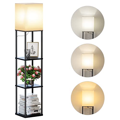 SUNMORY Floor Lamp with Shelves, Modern Square Standing Lamp with 3 Color Temperature Bulb, Corner Display Bookshelf Lamp for Living Room and Bedroom(Black) - Image 1
