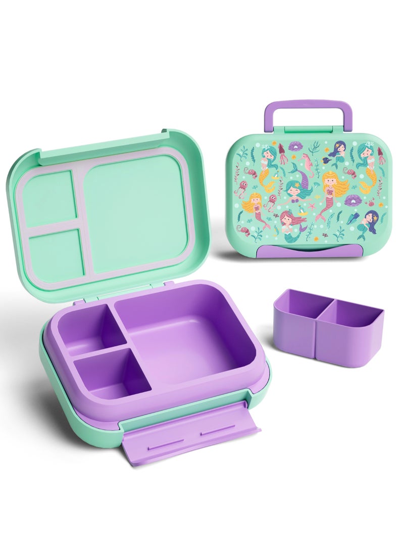 Snack attack صندوق غداء بنتو للأطفال من سناك أتاك - صندوق غداء مقاوم للتسرب من الدرجة الغذائية مع 3 إلى 5 أقسام قابلة للتحويل - تصميم حورية البحر - خالي من BPA، مختوم بالسيليكون - مثالي للمدرسة، ورياض الأطفال، ووجبات السفر - Image 1