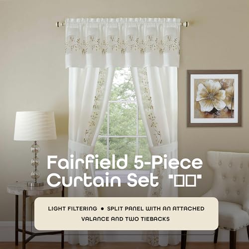 ACHIM Light-Filtering Window Curtain Set - 55 Inch Width, 63 Inch Length - Fairfield Window in a Bag 5 Piece Set (White) - Window Treatment Include Valance, Tiebacks & Split Panels Home Decor - Image 2