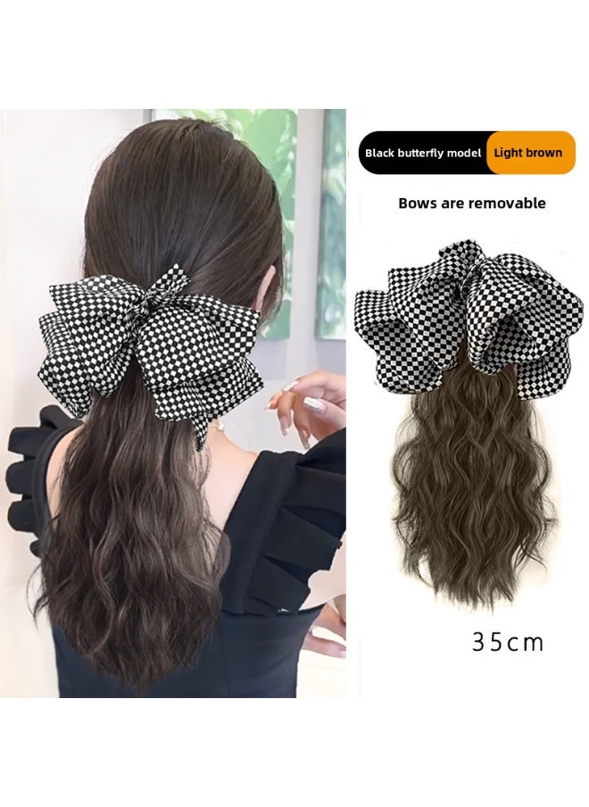 Generic Horsetail Wig Womens Bow Low Horsetail Clip Natural Fluffy Simulation Can Tie High School Long Water Corrugated Roll HorsetailCheckerboard natural black 55cm Checkerboard natural black 55cm 