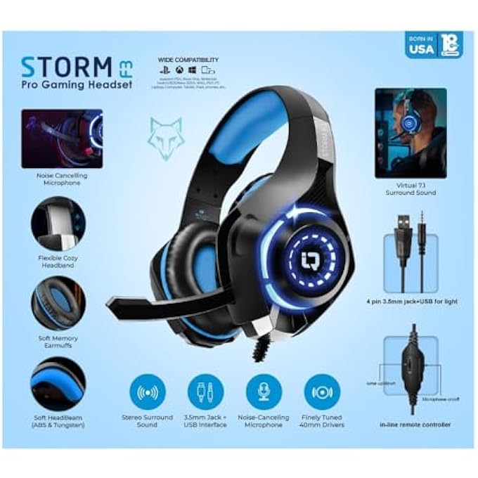 Storm WIRED PRO GAMING HEADSET WITH MICROPHONE, NOISE REDUCTION EARPADS, ADJUSTABLE HEADBAND, REMOTE CONTROLLER, 3.5MM INPUT JACK, GAMING HEADPHONES COMPATIBLE WITH PS5, PS4, SMART PHONE, LAPTOP - Image 2