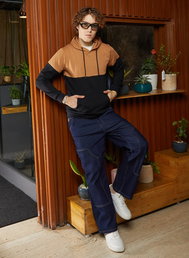 كامبوس سوترا Men's Tan Brown & Obsidian Black Block Pullover Hoodie