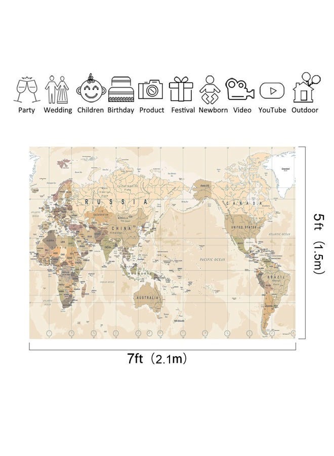 Riyidecor World Map Backdrop Polyester Fabric Vintage Geographical Educational Adventure 7Wx5H Feet Yellow Brown Geography Europe America Photography Background Reunion Birthday Photo Studio Shoot - Image 3